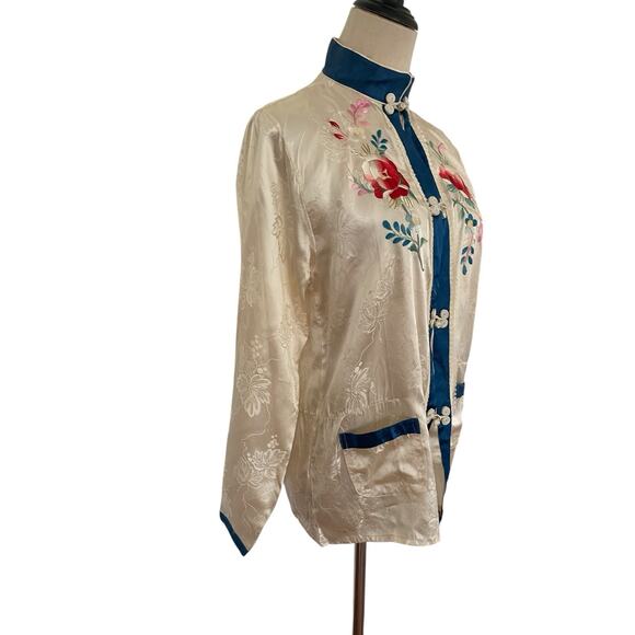 Vtg 50s Chinese Satin Embroidered Lounge Set Jacket & Pants Floral Frog Button - Picture 3 of 16